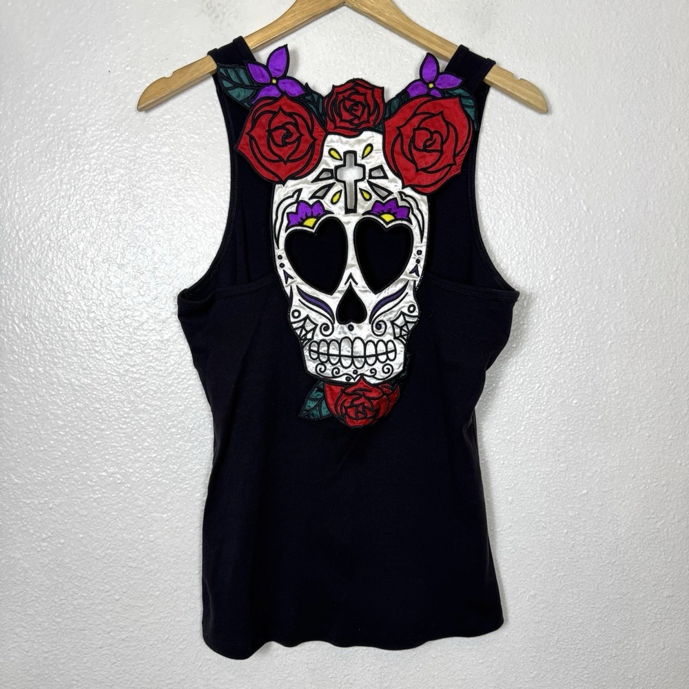 Hell Bunny Black Tank Top with Red Rose & White Sugar Skull